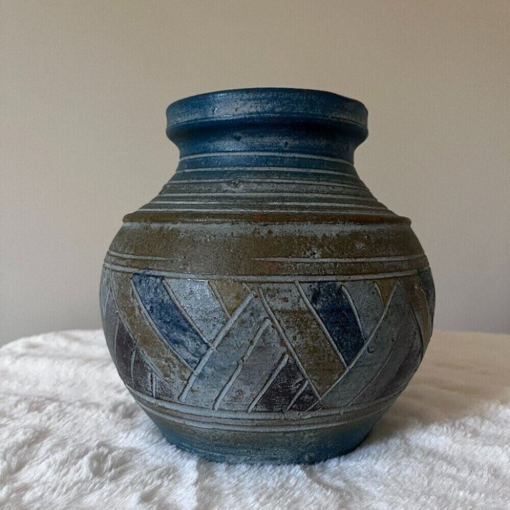 Studio pottery blue geometric pot vase planter